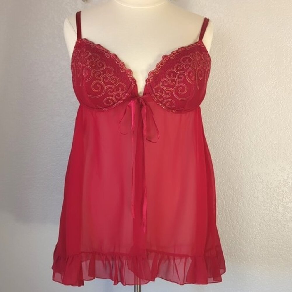 Cacique 22/24/3X Babydoll Chemise  Red Embroidered Semi Sheer Molded Cups